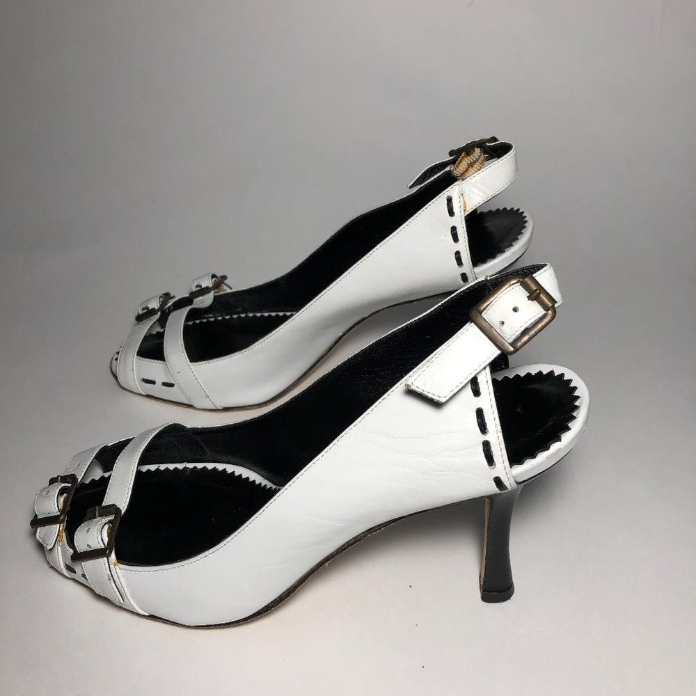 Manolo Blahnik White Leather Open-Toe Buckle Heels